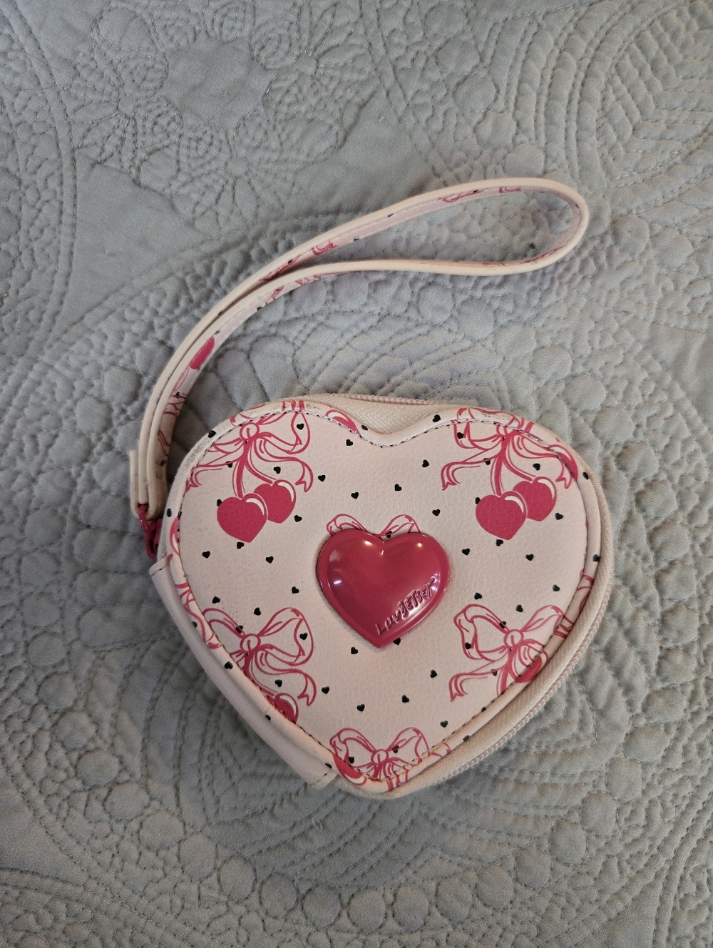 Betsey Johnson Heart-Shaped Pink Wristlet with Cherry Accent